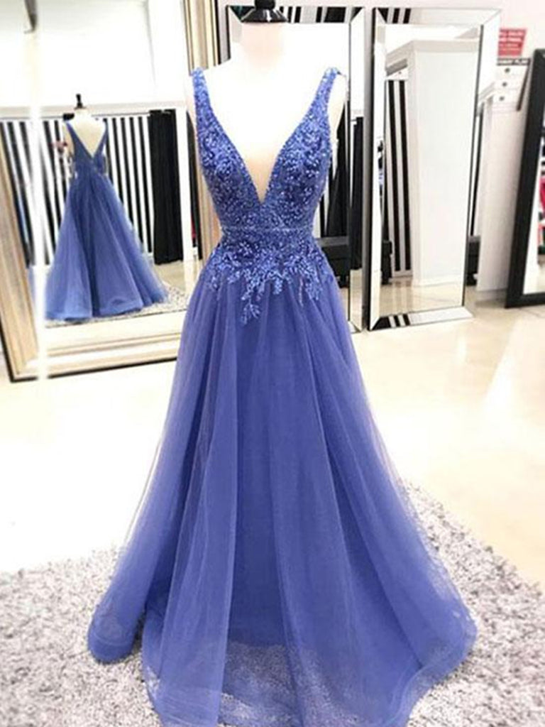 A Line V Neck Sleeveless Prom Dress with Lace Applique, V Neck Formal Dress