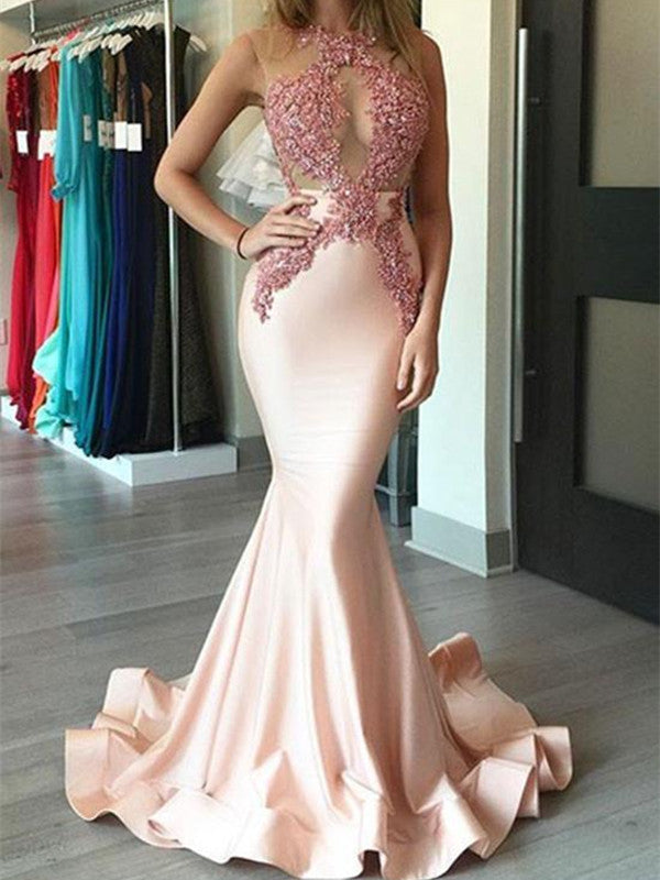 Custom Made Pink Mermaid Lace Prom Dress, Pink Lace Formal Dress