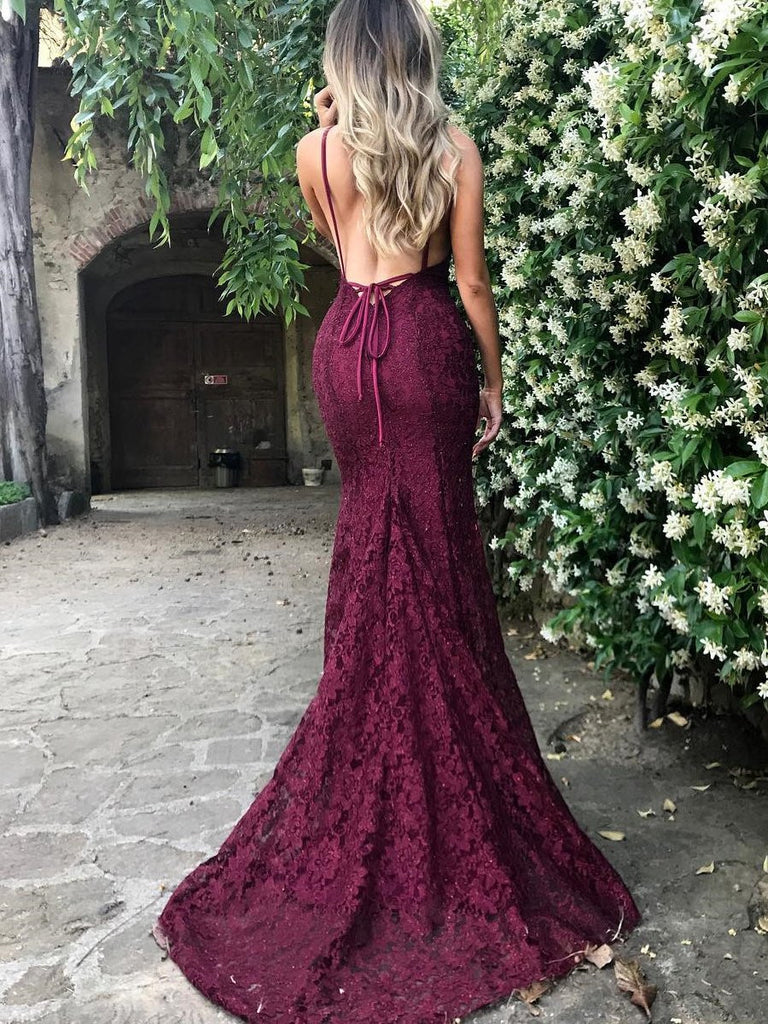 Sexy Spaghetti Straps Trumpet/Mermaid Backless Maroon/Burgundy Lace Pr jbydress Sexy Spaghetti Straps Trumpet/Mermaid Backless Maroon/Burgundy Lace Pr jbydress