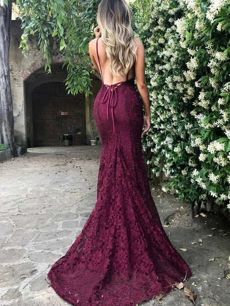 Sexy Spaghetti Straps Trumpet/Mermaid Maroon/Burgundy Lace Prom Dress/ Formal Dress/ Bridesmaid Dress