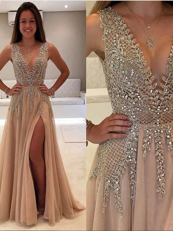 Sexy A Line V Neck Rhinestone Champagne Prom Dress with Slit, V Neck G – jbydress