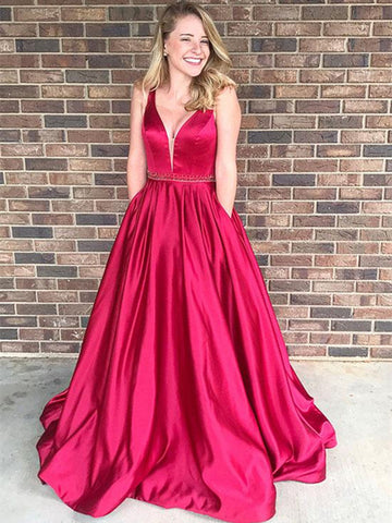 Custom Made Red V Neck Satin Prom Dress, Red V Neck Formal Dress