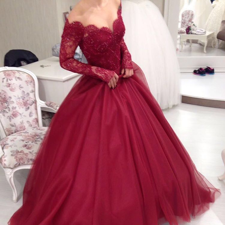 Custom Made Sweetheart Neck Long Sleeves Burgundy Lace Prom Dress, Bur jbydress Custom Made Sweetheart Neck Long Sleeves Burgundy Lace Prom Dress, Bur jbydress