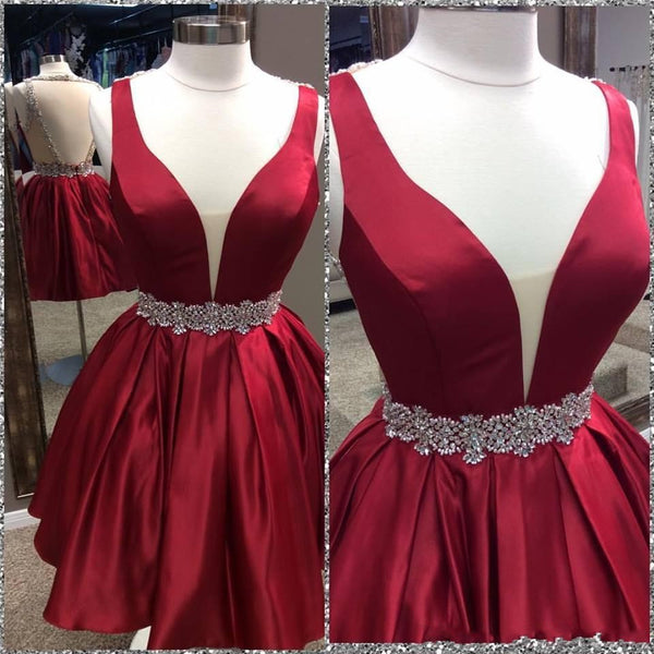 Short A Line V Neck Red Backless Prom Dress, Short Red Backless Homecoming Dress, Formal Dress