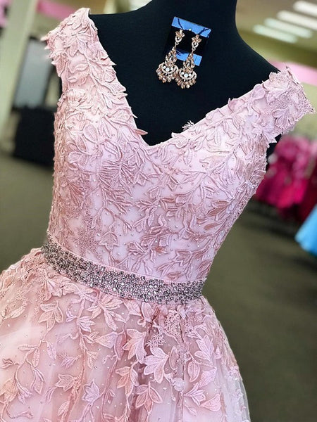 A Line V Neck Pink Lace Prom Dress, Pink Lace Formal Dress, Graduation Dress, Pink Evening Dress