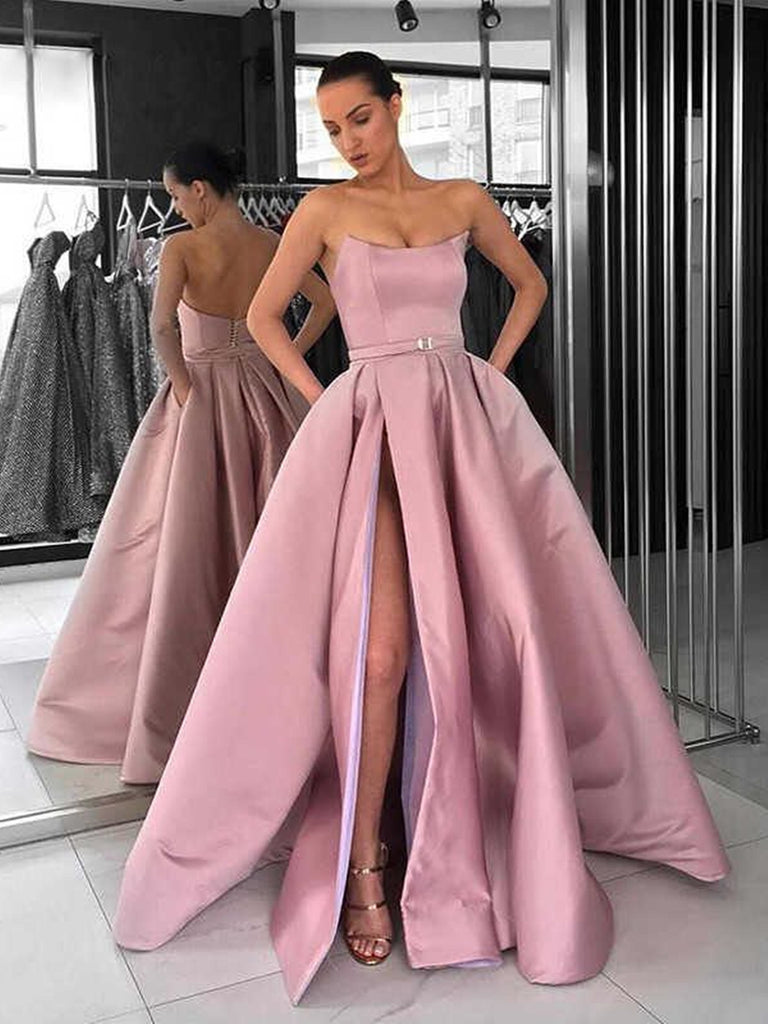 Custom Made Pink Prom Gown with High Leg Slit, Pink Formal Graduation Dresses, High Slit Evening Dresses