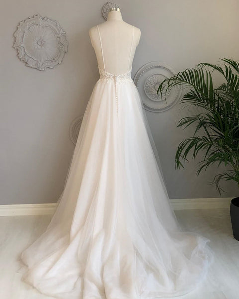 A Line V Neck Backless White Lace Prom Dresses, Backless White Lace Wedding Dress, Lace Bridesmaid Dresses
