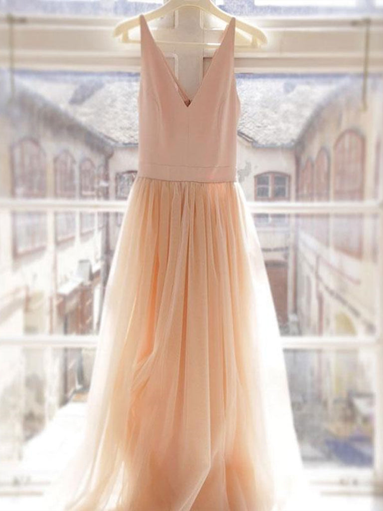 champagne tulle bridesmaid dress Champagne V Neck Tulle Floral Wedding Dresses, Champagne V Neck Tulle jbydress