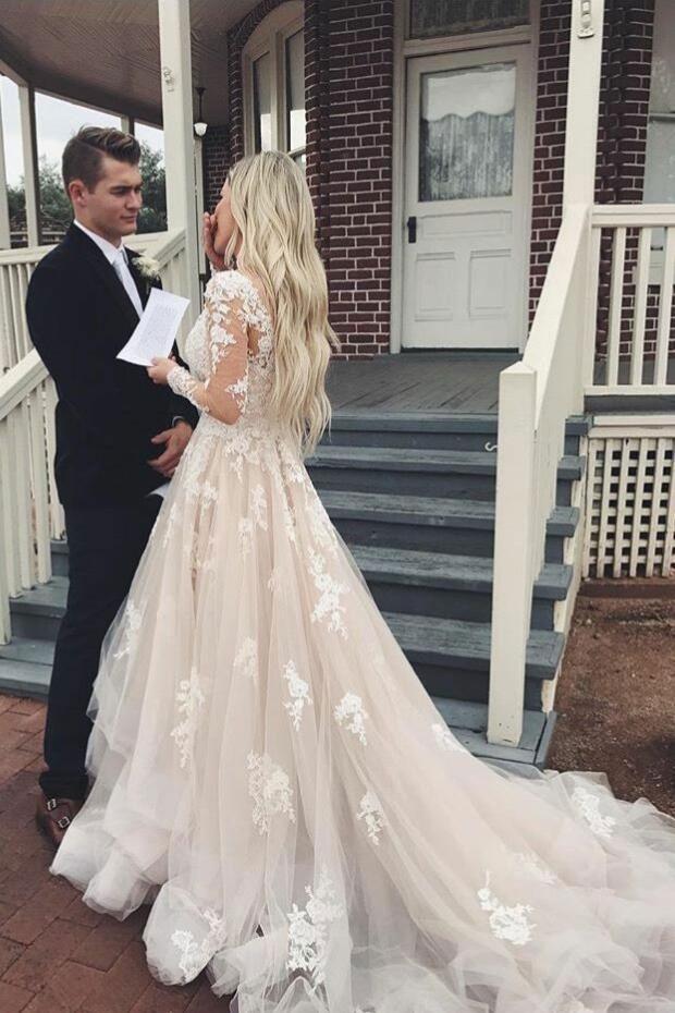 Long Sleeves Champagne Lace Wedding Dresses, Champagne Lace Prom Dress jbydress Long Sleeves Champagne Lace Wedding Dresses, Champagne Lace Prom Dress jbydress