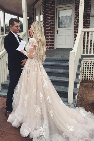 Long Sleeves Champagne Lace Wedding Dresses, Champagne Lace Prom Dresses, Evening Dresses