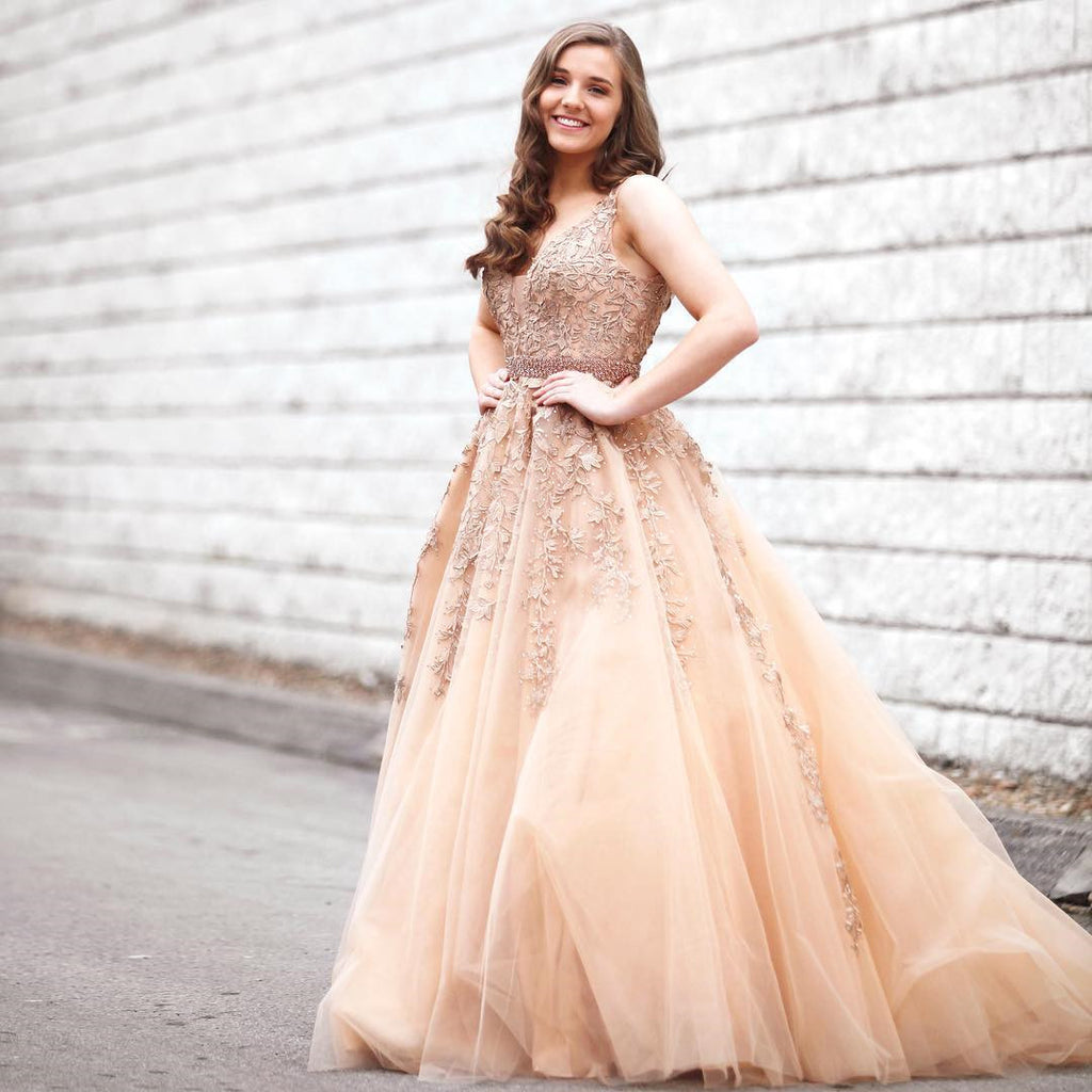 V Neck Champagne Lace Prom Dresses, V Neck Champagne Lace Formal Eveni jbydress V Neck Champagne Lace Prom Dresses, V Neck Champagne Lace Formal Eveni jbydress