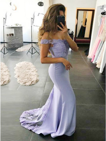 Sweetheart Neck Off Shoulder Mermaid Lavender Lace Prom Dresses, Purple Lace Bridesmaid Dresses, Formal Graduation Dresses