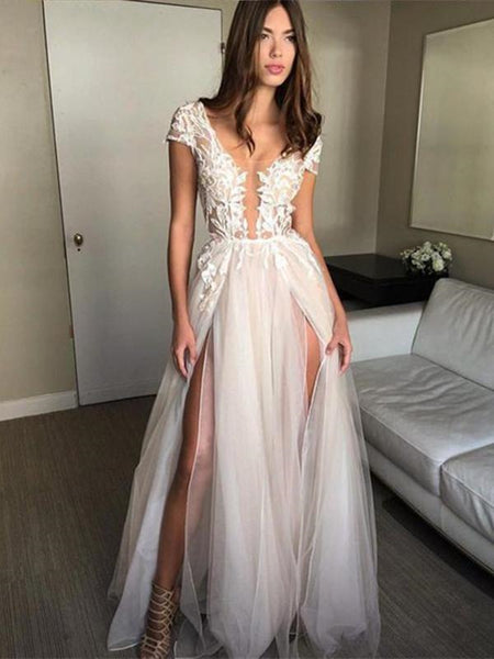 Round Neck Cap Sleeves Backlesss Lace Wedding Dresses, Ivory Backless Lace Prom Dresses Evening Dresses
