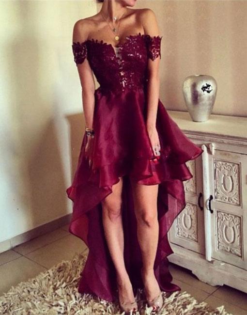 Off Shoulder High Low Organza Backless Maroon Lace Prom Dress, High Lo jbydress Off Shoulder High Low Organza Backless Maroon Lace Prom Dress, High Lo jbydress