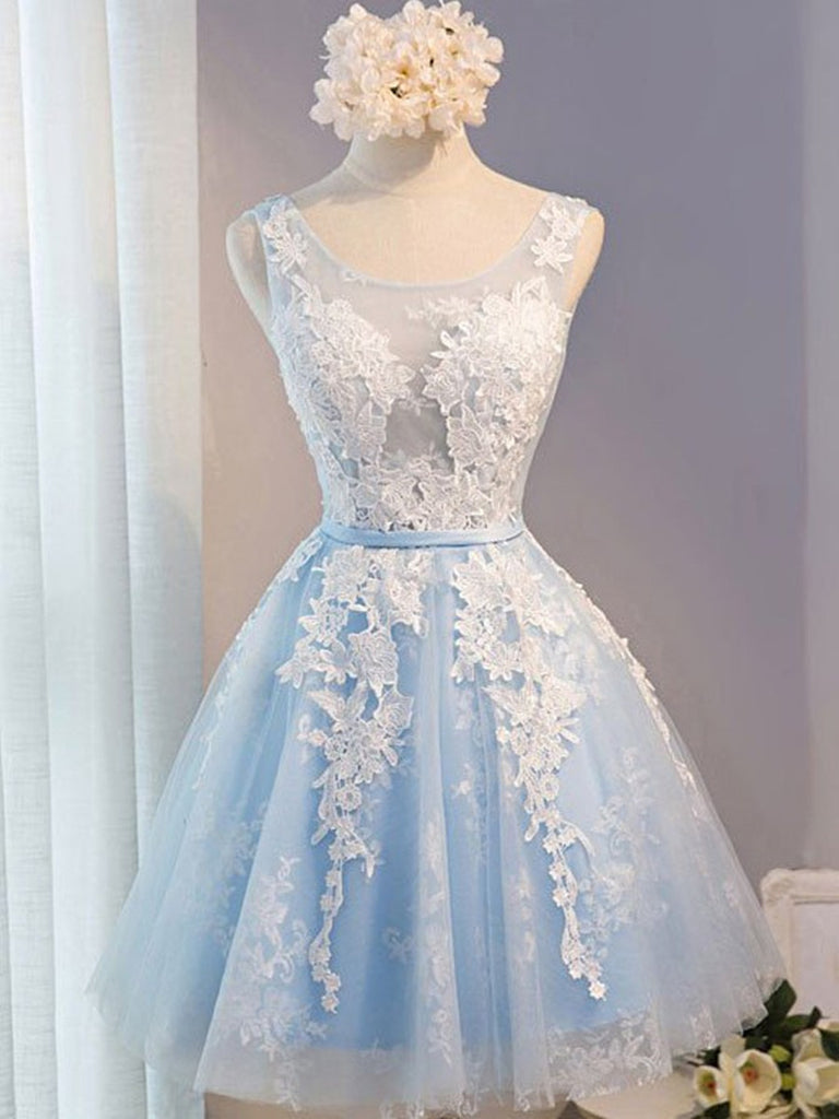 A Line Round Neck Short Blue Prom Dress with White Lace, Lace Formal D jbydress A Line Round Neck Short Blue Prom Dress with White Lace, Lace Formal D jbydress
