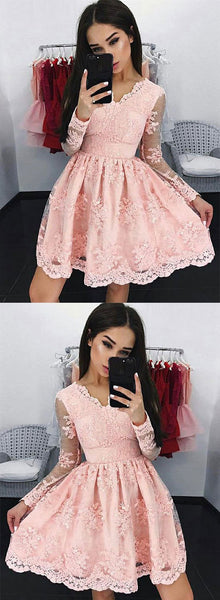 Pink Long Sleeves Short Lace Prom Dresses, Short Long Sleeves Pink Lace Graduation Homecoming Formal Dresses