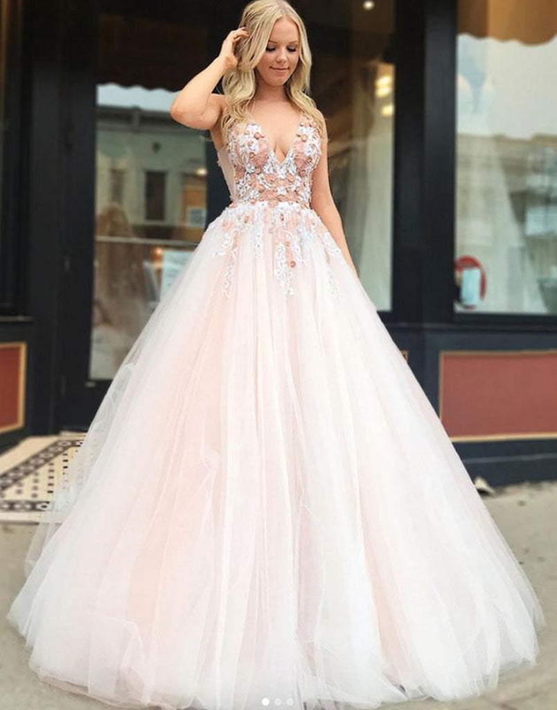 V Neck Floral Champagne Tulle Prom Dresses with Beadings, Champagne Fl – jbydress V Neck Floral Champagne Tulle Prom Dresses with Beadings, Champagne Fl – jbydress