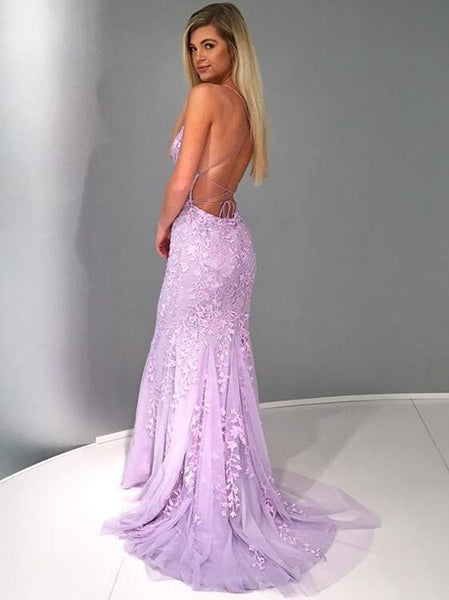 Purple Backless Lace Prom Dresses, Lilac Backless Lace Formal Graduation Evening Dresses