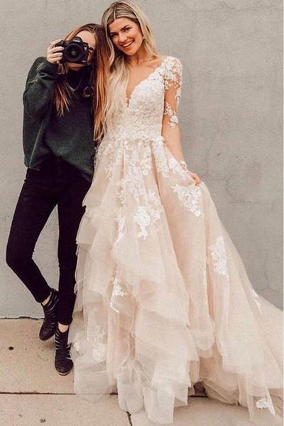 Long Sleeves Champagne Lace Wedding Dresses, Champagne Lace Prom Dresses, Evening Dresses