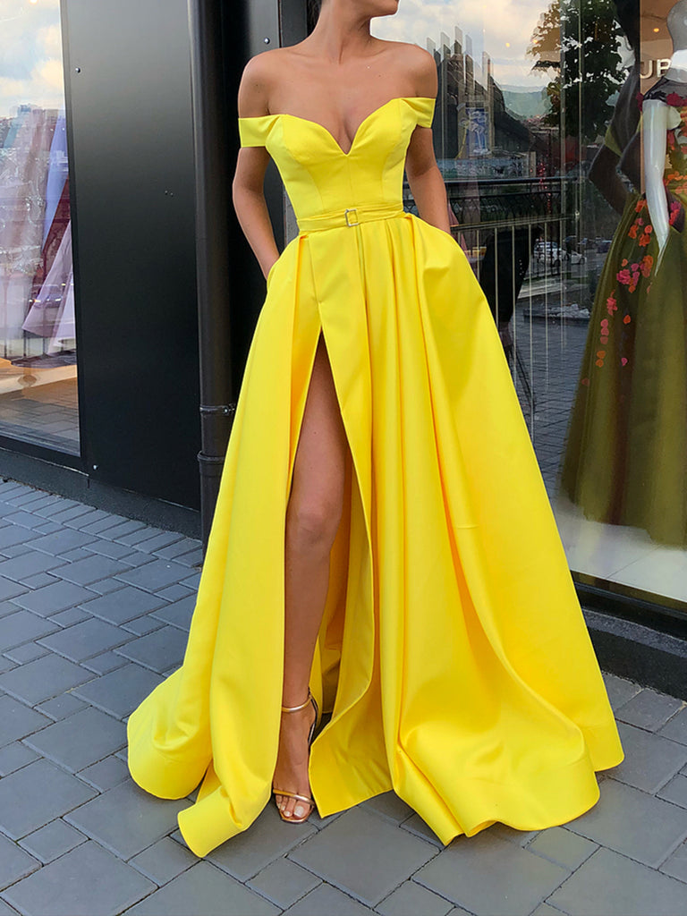 Off the Shoulder Yellow Prom Dress with Leg Slit, Yellow Off Shoulder jbydress Off the Shoulder Yellow Prom Dress with Leg Slit, Yellow Off Shoulder jbydress