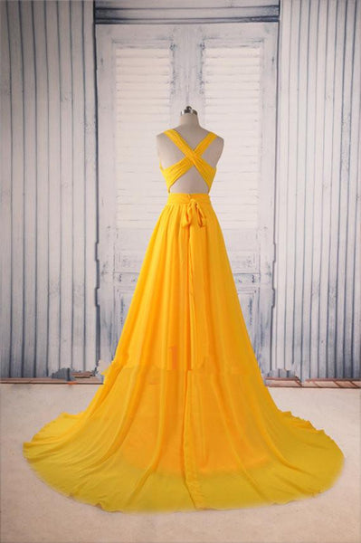 Unique V Neck Yellow Prom Dress with Sweep Train, Yellow Formal Dress, Party Dress