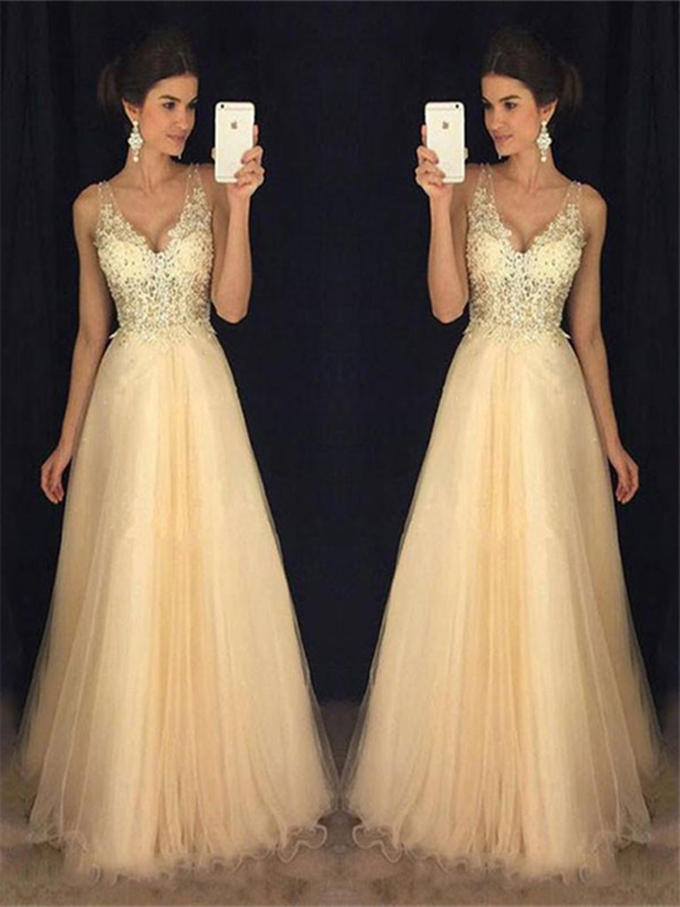 A-line V-neck Champagne Tulle Appliques Lace Floor-length Backless Pro jbydress A-line V-neck Champagne Tulle Appliques Lace Floor-length Backless Pro jbydress