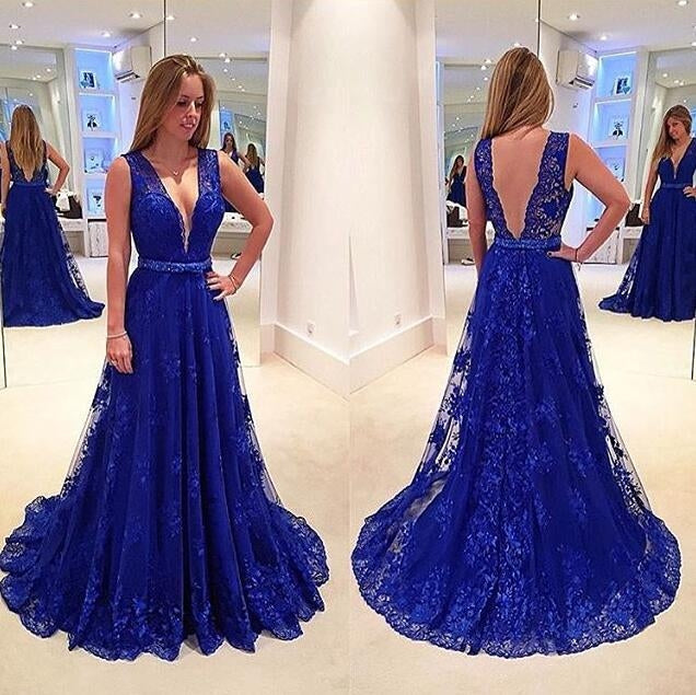 Royal Blue A Line V Neck Sweep Train Lace Prom Dress, Royal Blue Lace jbydress Royal Blue A Line V Neck Sweep Train Lace Prom Dress, Royal Blue Lace jbydress