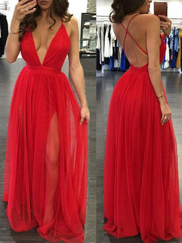 A Line V Neck Backless Red Prom Dress, Red Backless Formal Dress