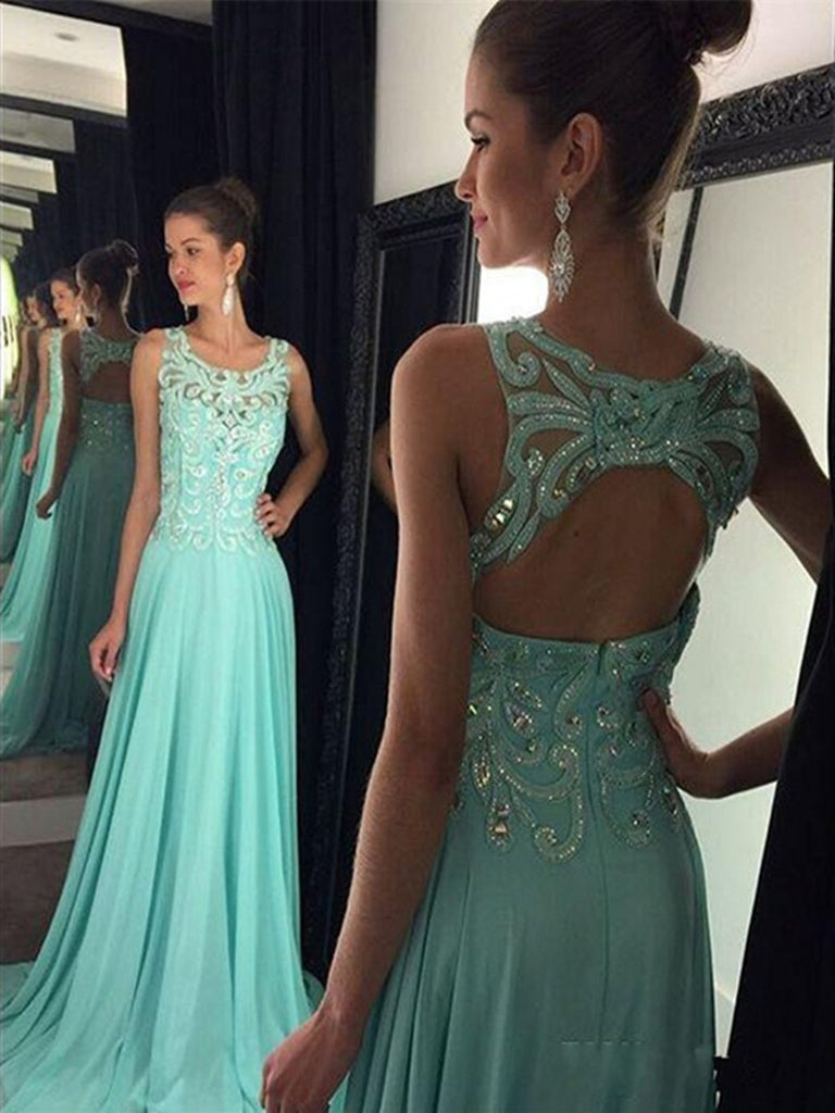 Custom Made A Line Round Neck Mint Green Backless Prom Dresses, Mint G jbydress Custom Made A Line Round Neck Mint Green Backless Prom Dresses, Mint G jbydress