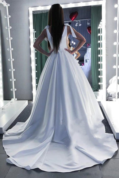 Round Neck White Satin Wedding Dresses with Train, White Satin Prom Dress Evening Dresses