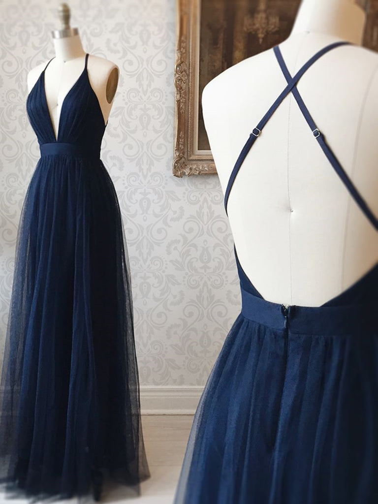 A Line V Neck Navy Blue Backless Prom Dresses, Dark Navy Blue Backless