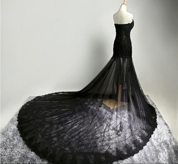 Custom Made Sweetheart Neck Mermaid Black Lace Prom Dresses with Sweep Train, Black Lace Formal Dresses Back Details