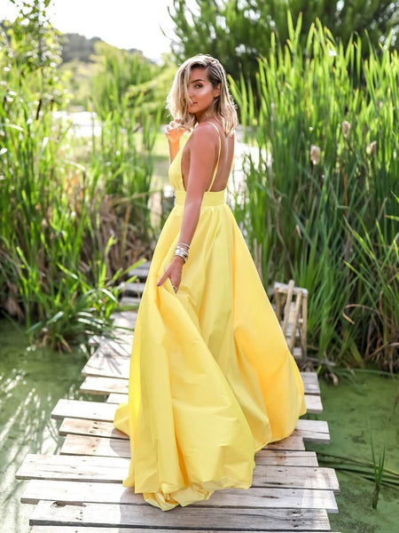 A Line Spaghetti Straps Yellow V Neck Backless Prom Dress, Yellow V Neck Backless Formal Graduation Evening Dresses