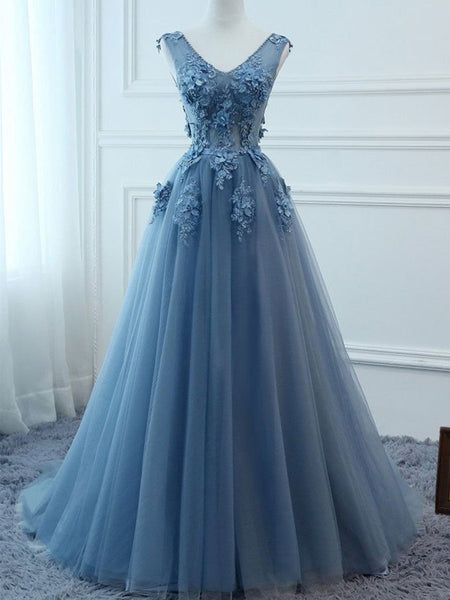 A Line V Neck Blue Lace Prom Dress, Tulle Lace Formal Dreses, Lace Evening Dresses,Blue Graduation Dresses