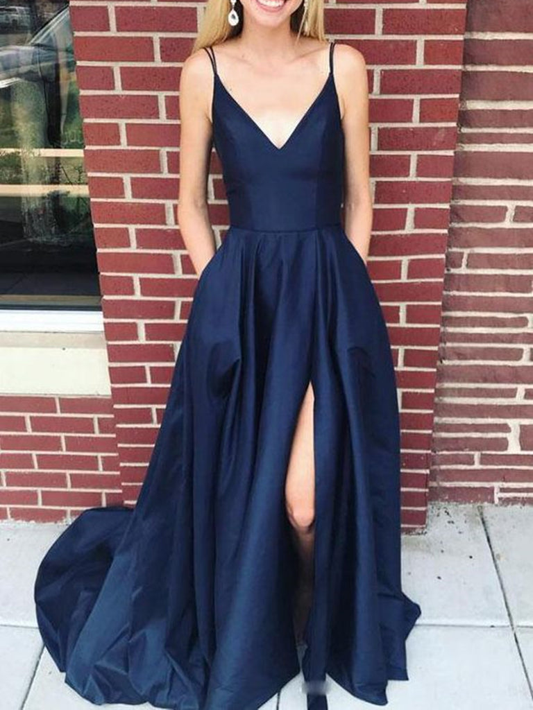 Custom Made A Line V Neck Simple Navy Blue Spaghetti Straps Prom Dress jbydress Custom Made A Line V Neck Simple Navy Blue Spaghetti Straps Prom Dress jbydress