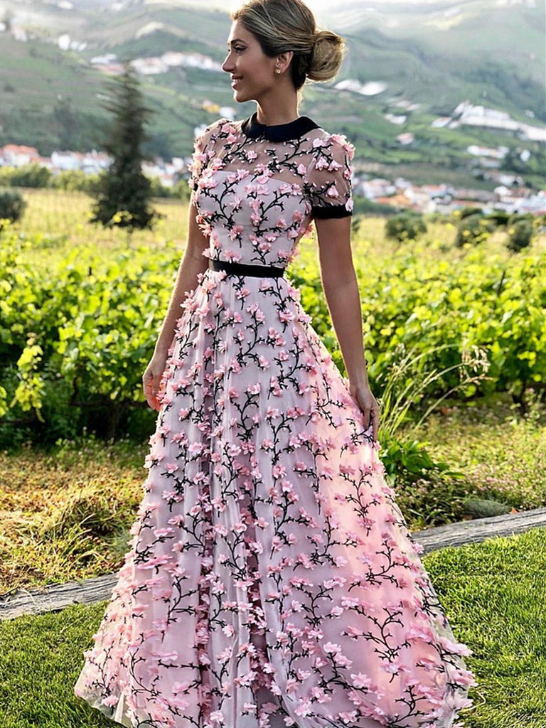 A Line Round Neck Short Sleeves 3D Flower Prom Dresses, 3D Flower Form jbydress A Line Round Neck Short Sleeves 3D Flower Prom Dresses, 3D Flower Form jbydress