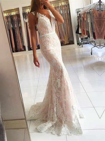 Custom Made V Neck Mermaid Lace Champagne Prom Dresses, Lace Formal Dresses, Bridesmaid Dresses