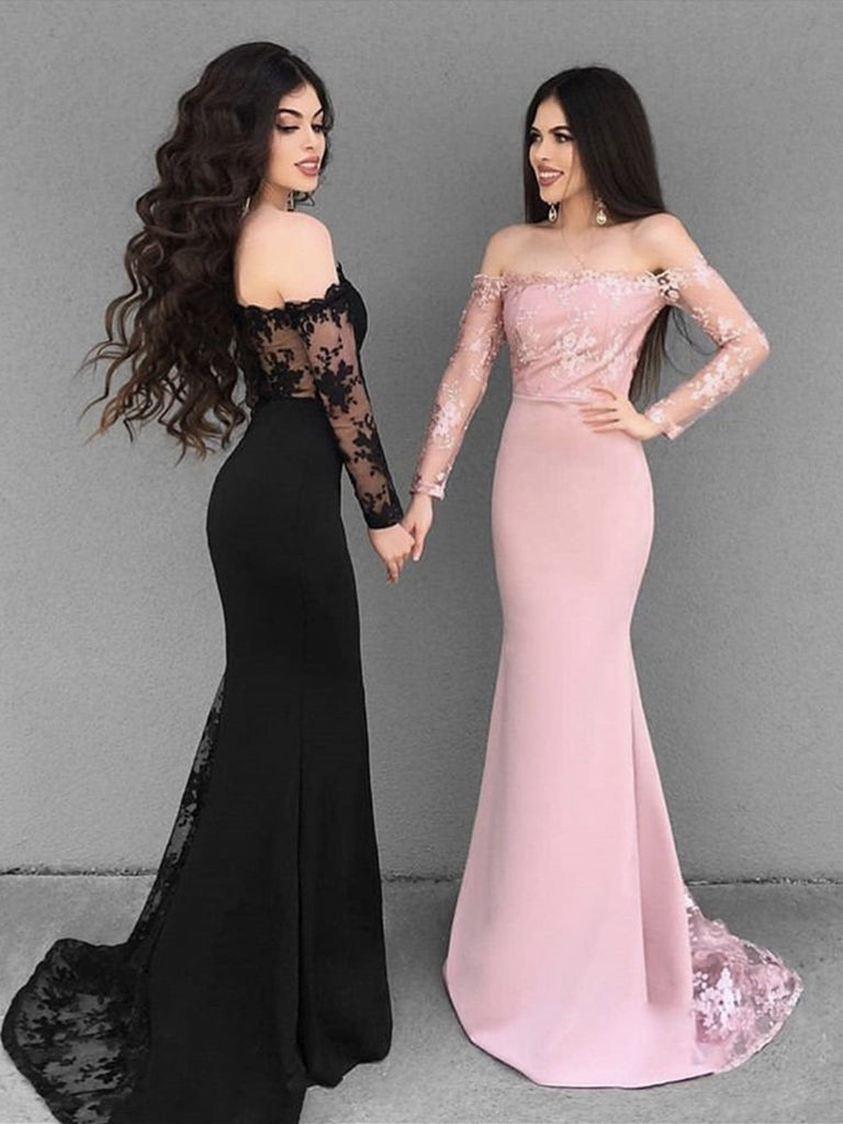 Custom Made Black/Pink Mermaid Long Sleeves Lace Prom Dresses, Lace Me jbydress Custom Made Black/Pink Mermaid Long Sleeves Lace Prom Dresses, Lace Me jbydress