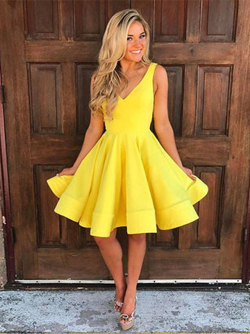 Custom Made A Line V Neck Short Yellow Prom Dress, Short Yellow Homecoming Dress, Formal Dress