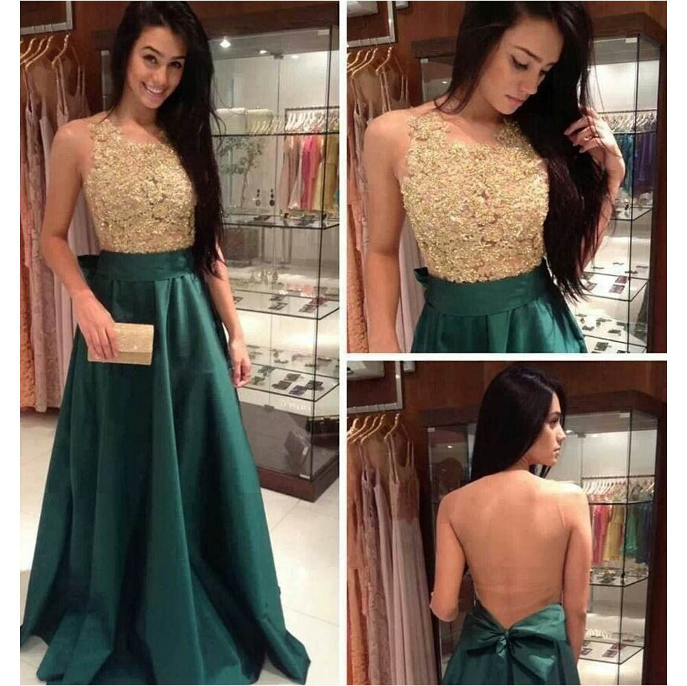 Custom Made A Line Round Neck Backless Green and Golden Long Prom Dres jbydress Custom Made A Line Round Neck Backless Green and Golden Long Prom Dres jbydress