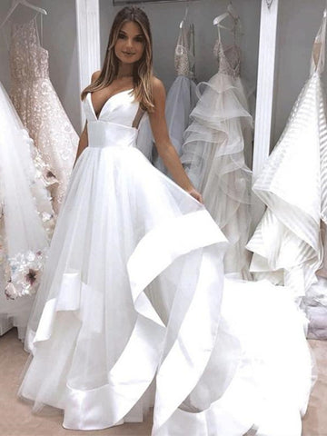 V Neck Backless White Wedding Dresses, White Backless Prom Dresses, Evening Dresses