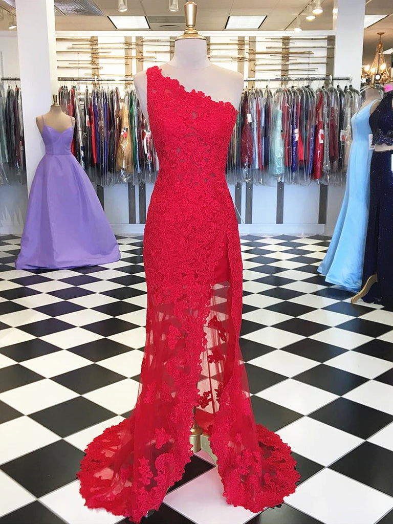 One Shoulder Red Lace Prom Dresses Long, Red Long Formal Evening Gradu jbydress One Shoulder Red Lace Prom Dresses Long, Red Long Formal Evening Gradu jbydress