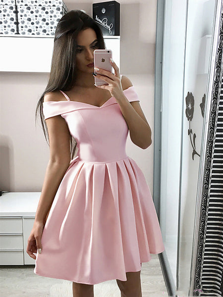 Off the Shoulder Short Pink Prom Dresses, Short Pink Off Shoulder Graduation Homecoming Cocktail Dresses