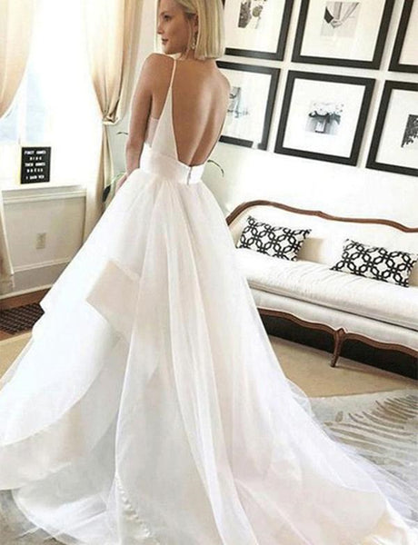 V Neck Backless White Wedding Dresses, White Backless Prom Dresses, Evening Dresses
