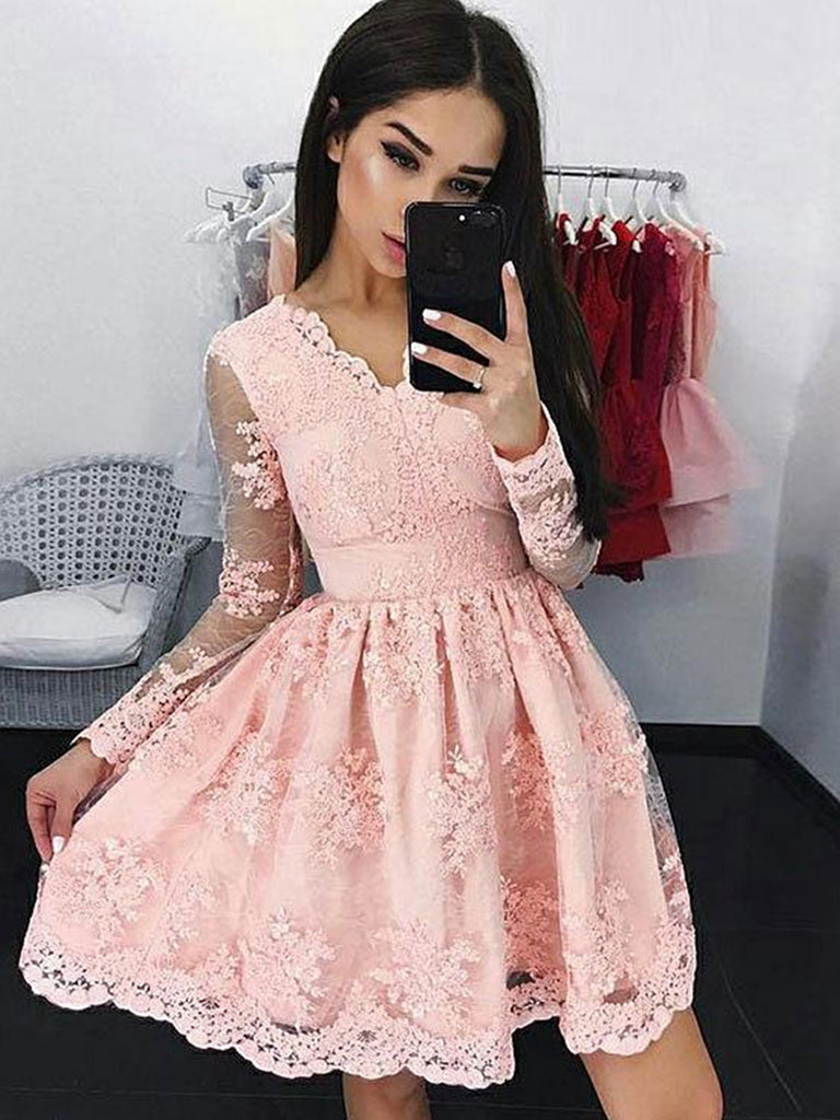 Cute Pink Lace Short Prom Homecoming Dress, Pink Lace Formal Dress, Pink  Evening Dress