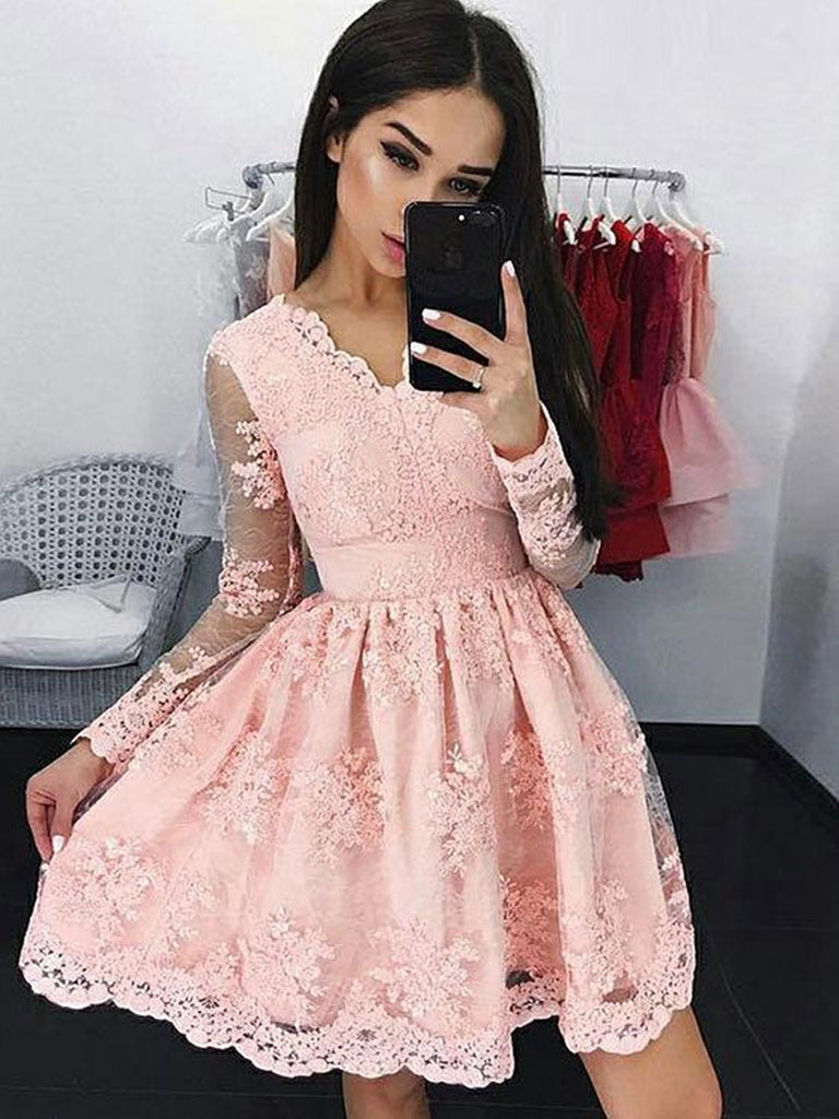 Pink Long Sleeves Short Lace Prom Dresses, Short Long Sleeves Pink Lac jbydress Pink Long Sleeves Short Lace Prom Dresses, Short Long Sleeves Pink Lac jbydress
