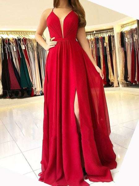 Custom Made Red A Line V Neck Backless Prom Dresses, V Neck Backless Formal Dresses, Red Graduation Dresses
