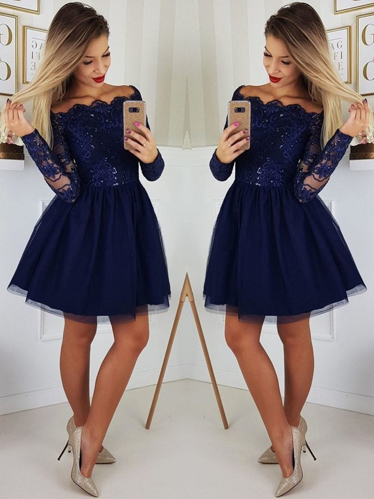 Custom Made A Line Long Sleeves Dark Navy Blue Lace Prom Dresses, Shor jbydress Custom Made A Line Long Sleeves Dark Navy Blue Lace Prom Dresses, Shor jbydress