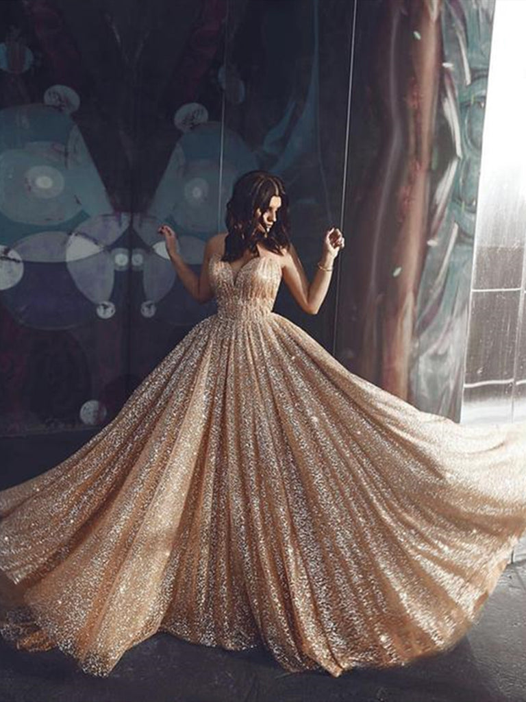 Plus Size Gold Sequin Long Sleeve Feathers Prom Gown - VQ
