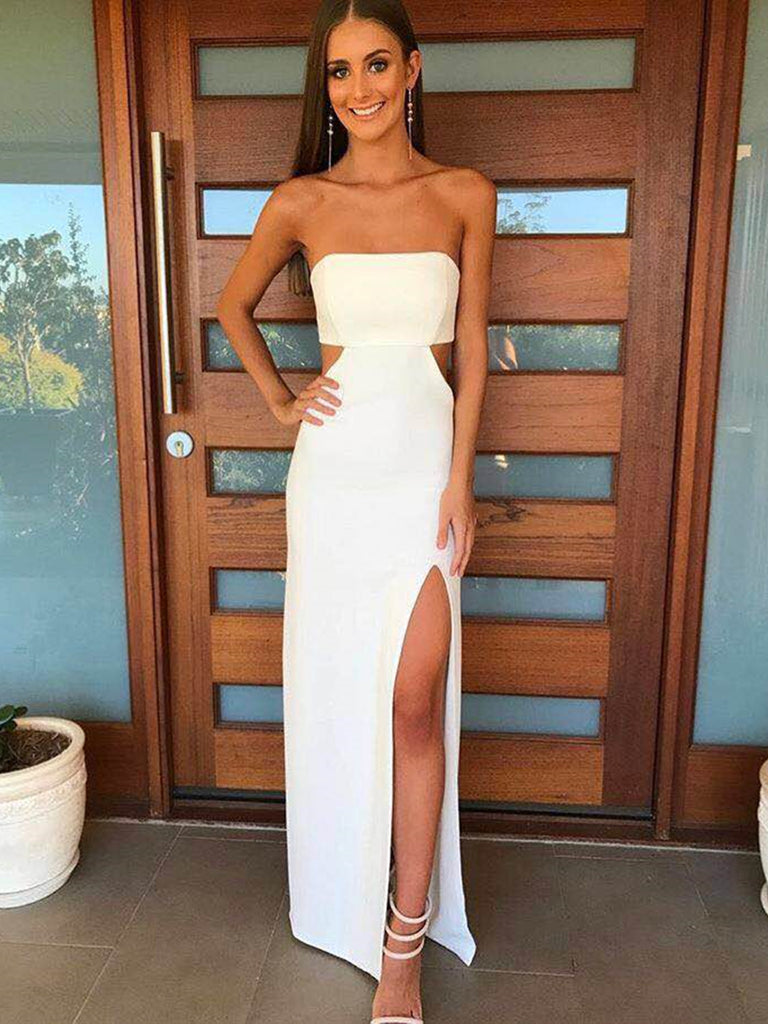 A Line Strapless White Prom Dress with Waist Cutout, Waist Cutout White Formal Evening Dresses